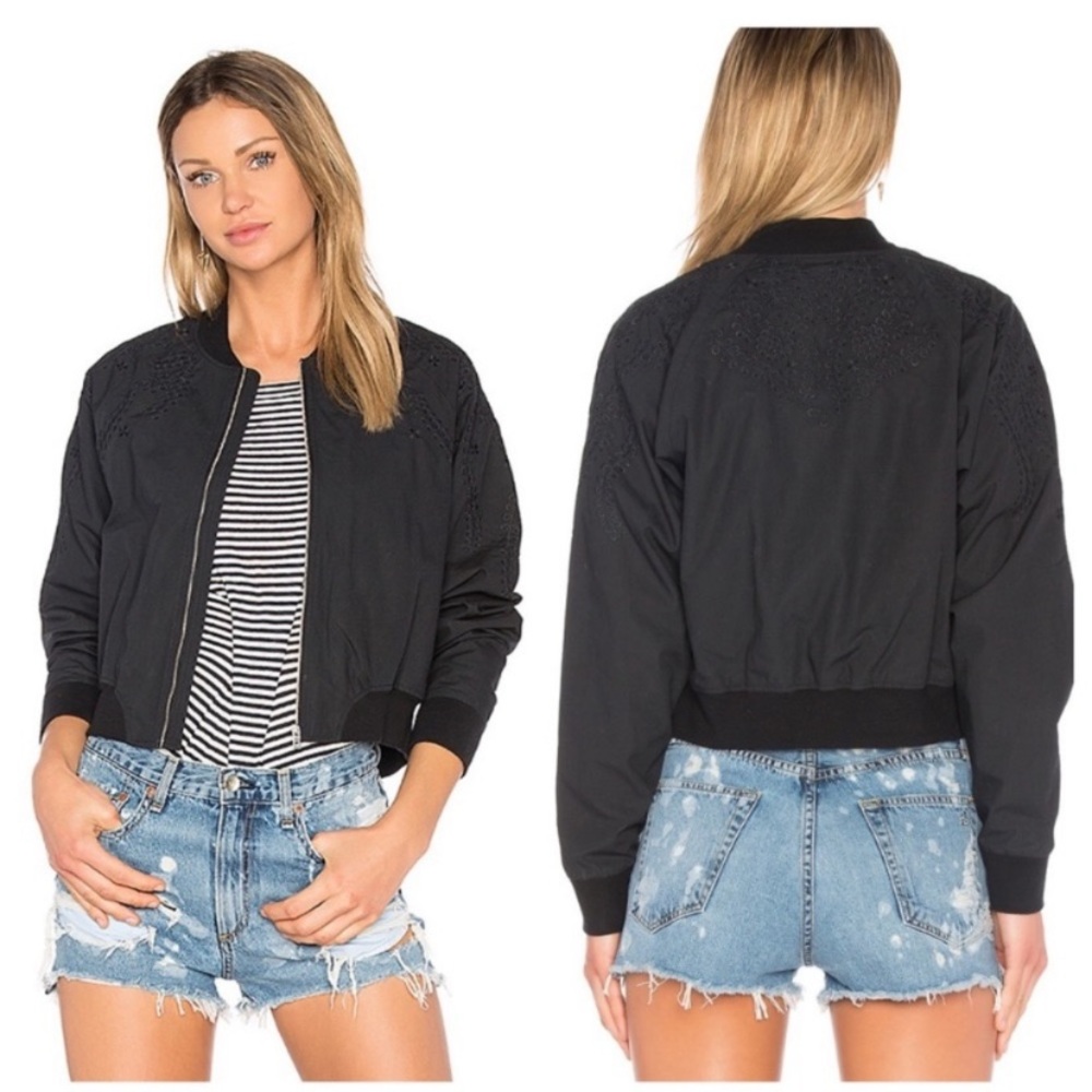 Rag and Bone Black Bristol Embroidered Bomber Jacket Size Medium